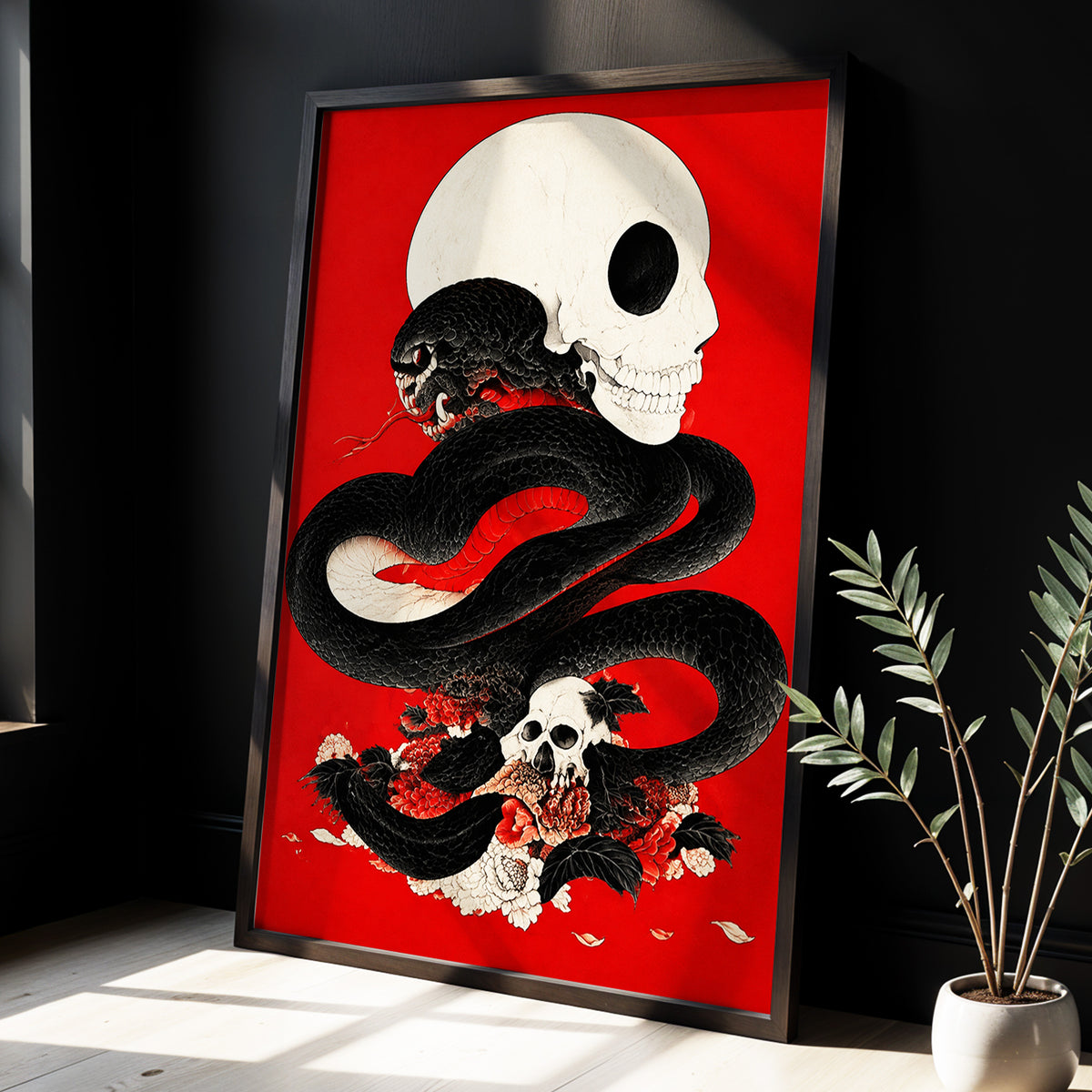Scarlet Coil, black, red, beige abstract wall art displayed in a styled interior, gallery view 9