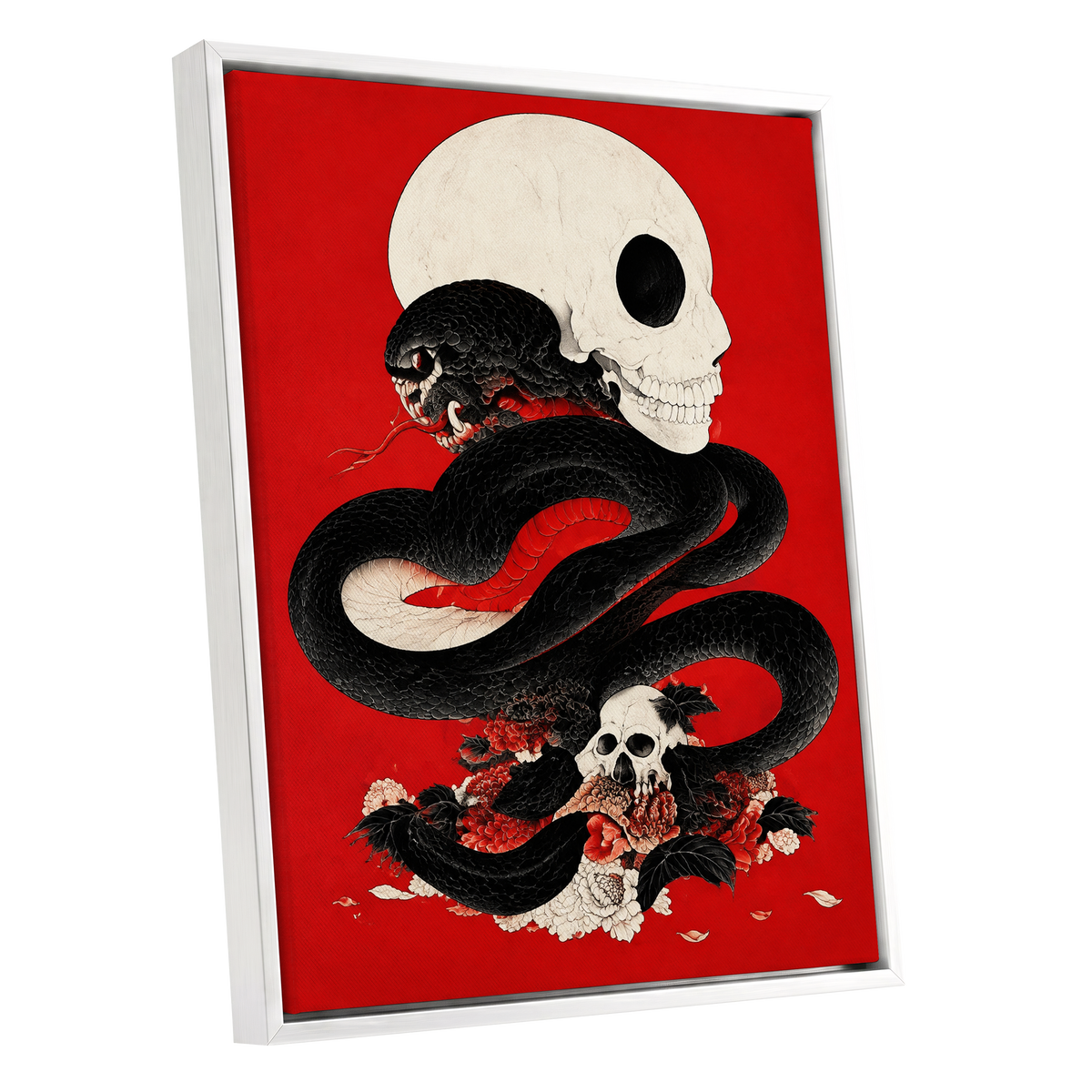 Scarlet Coil, black, red, beige abstract wall art shown as a white framed canvas wall art