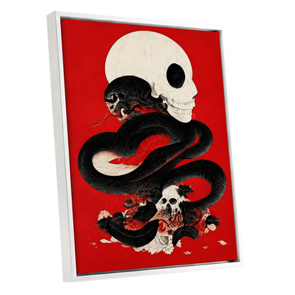Scarlet Coil, black, red, beige abstract wall art shown as a white framed canvas wall art