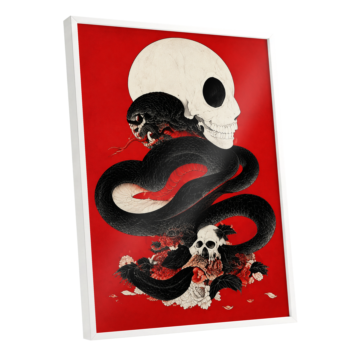 Scarlet Coil, black, red, beige abstract wall art shown as a white framed poster wall art print