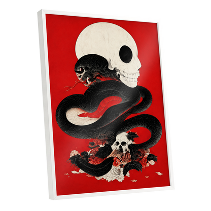 Scarlet Coil, black, red, beige abstract wall art shown as a white framed poster wall art print