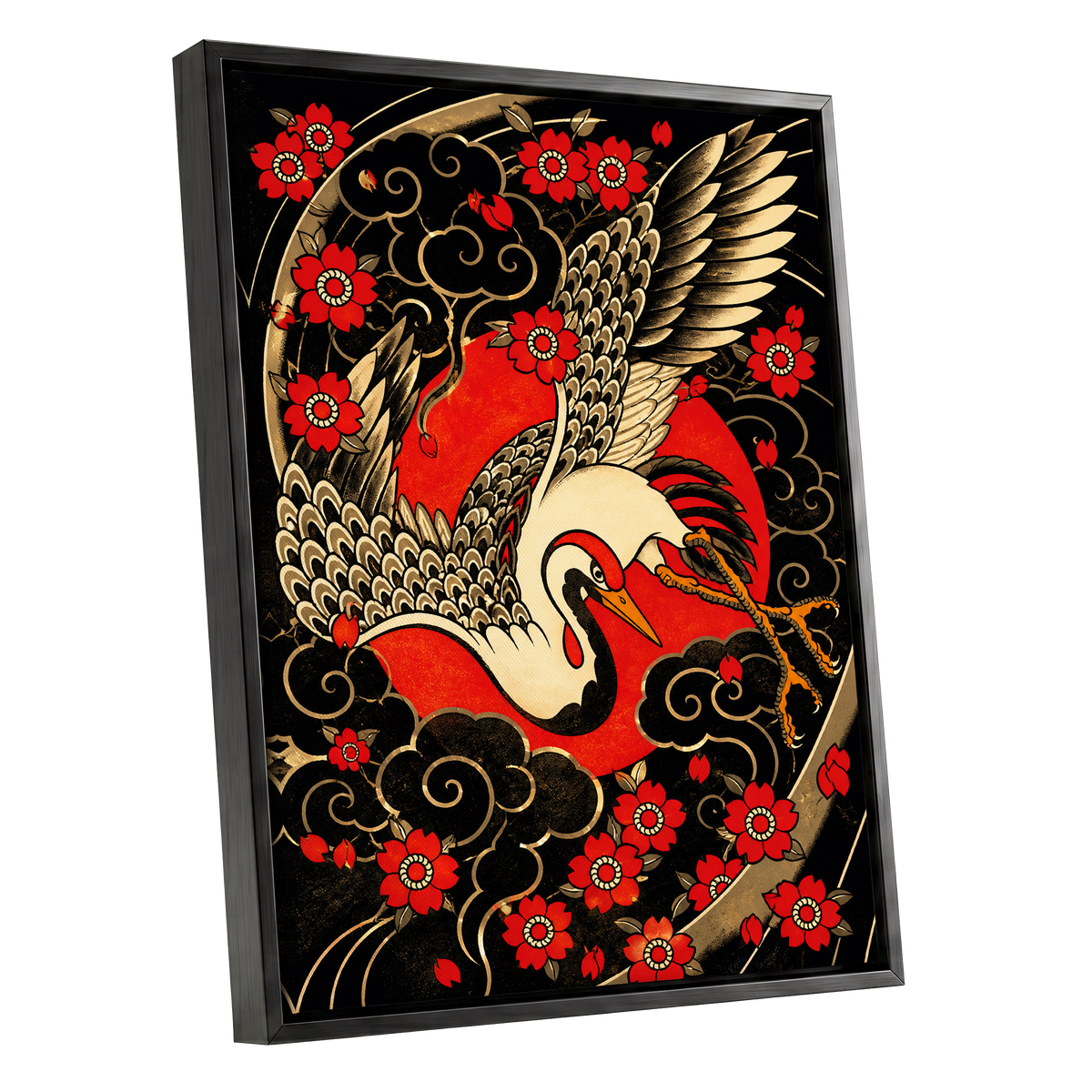 Scarlet Crane Flourish, black, red, beige nature wall art shown as a black framed canvas wall art
