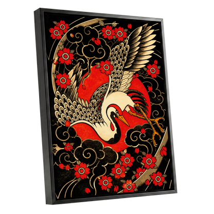 Scarlet Crane Flourish, black, red, beige nature wall art shown as a black framed canvas wall art