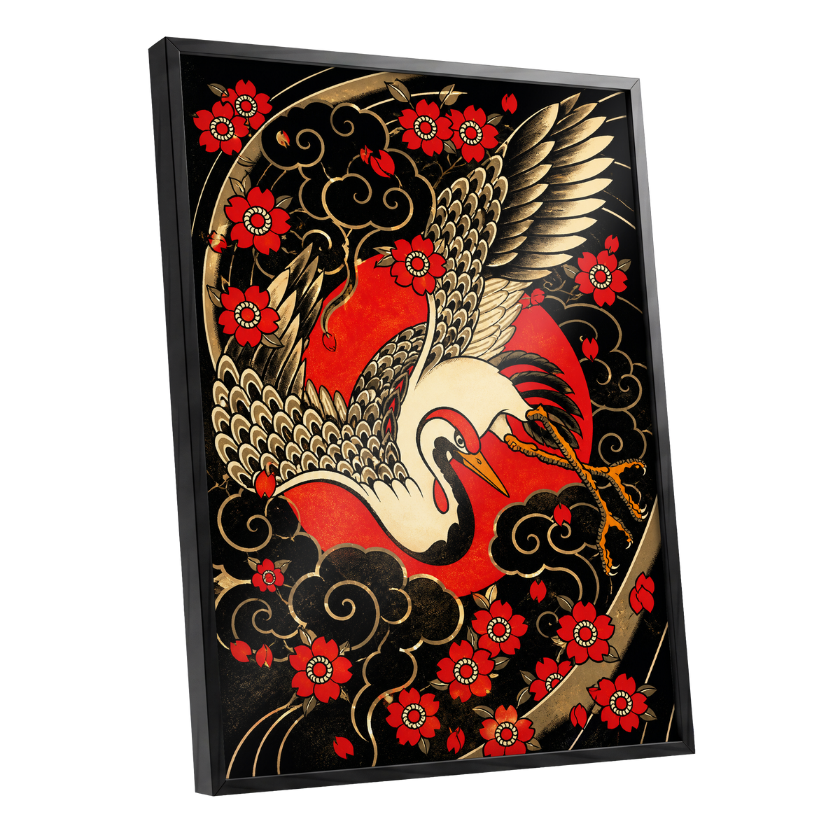 Scarlet Crane Flourish, black, red, beige nature wall art shown as a black framed poster wall art print