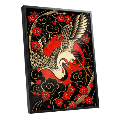 Scarlet Crane Flourish, black, red, beige nature wall art shown as a black framed poster wall art print
