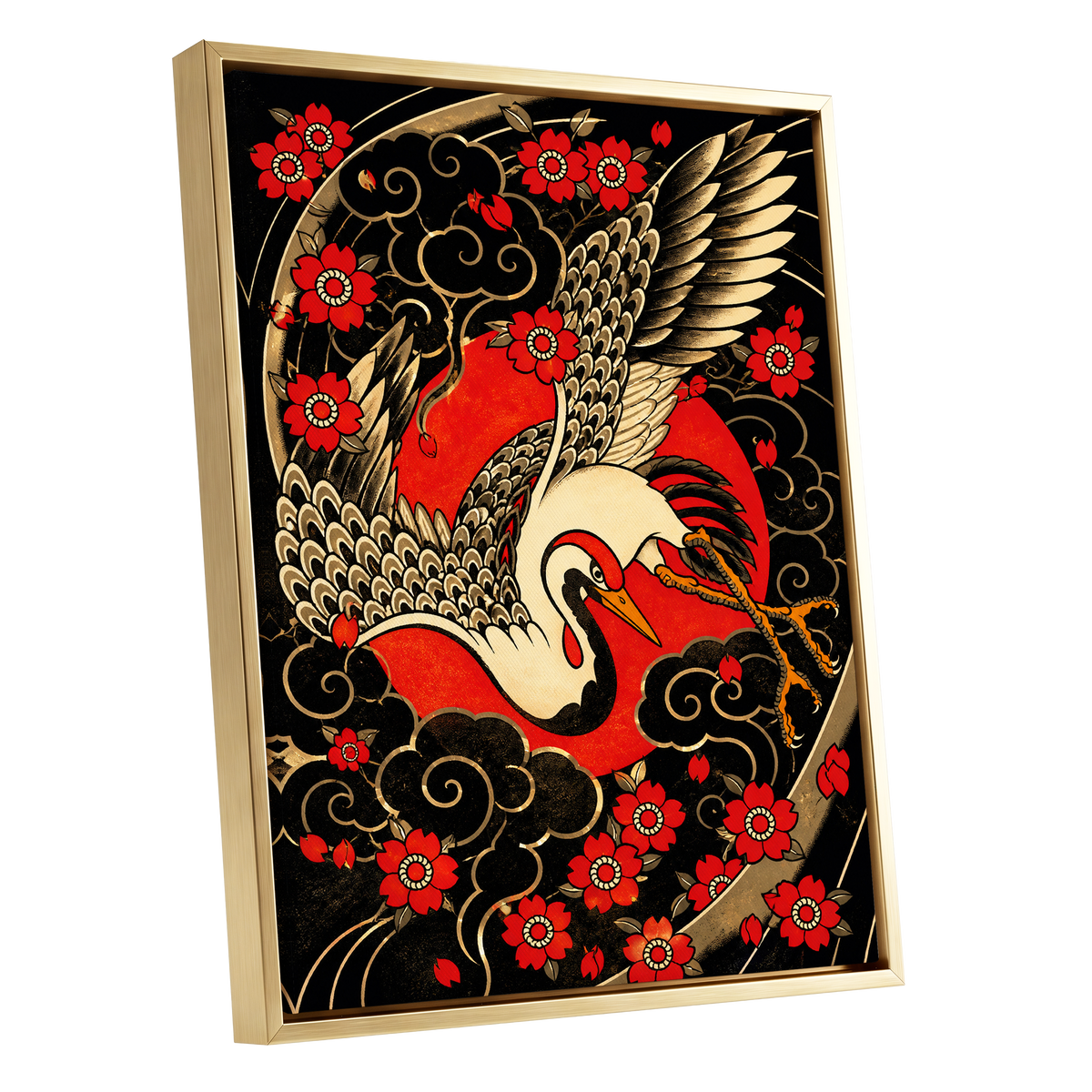 Scarlet Crane Flourish, black, red, beige nature wall art shown as a gold framed canvas wall art