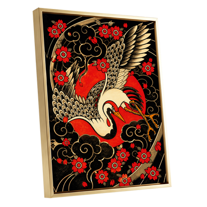 Scarlet Crane Flourish, black, red, beige nature wall art shown as a gold framed canvas wall art