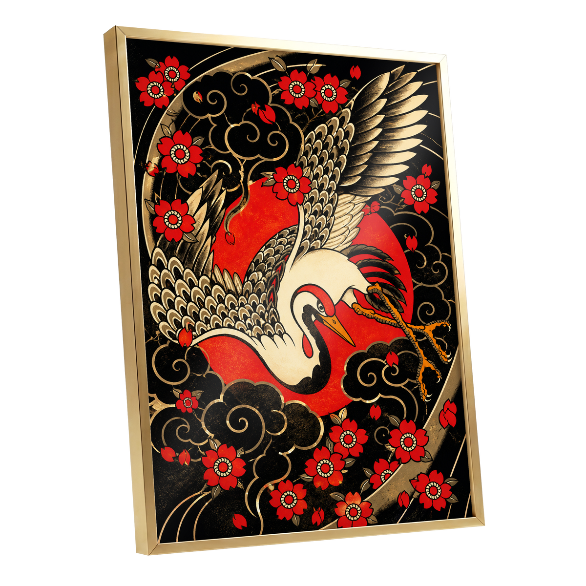 Scarlet Crane Flourish, black, red, beige nature wall art shown as a gold framed poster wall art print