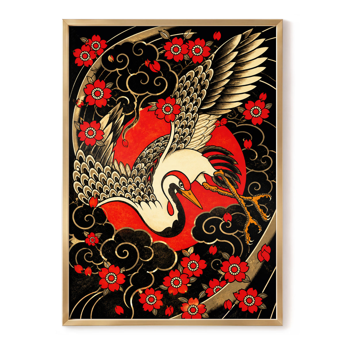 Scarlet Crane Flourish, black, red, beige nature wall art, front artwork view