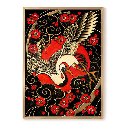 Scarlet Crane Flourish, black, red, beige nature wall art, front artwork view