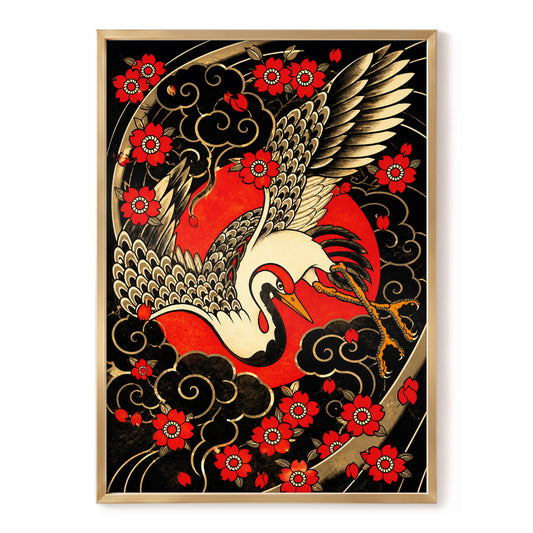 Scarlet Crane Flourish, black, red, beige nature wall art, front artwork view