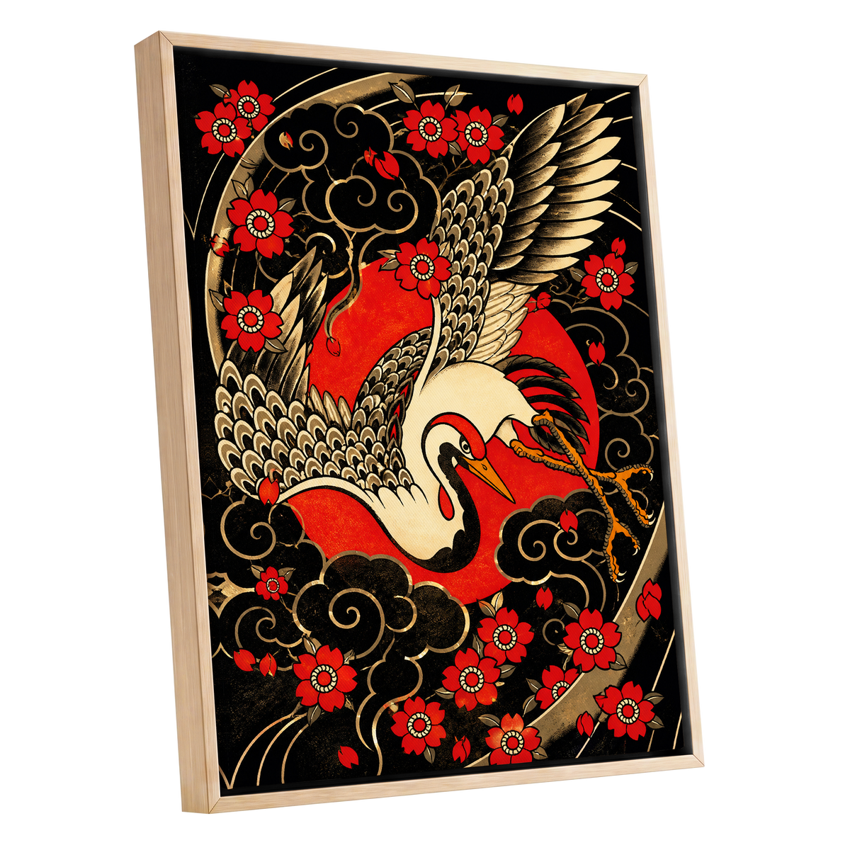 Scarlet Crane Flourish, black, red, beige nature wall art shown as a oak framed canvas wall art