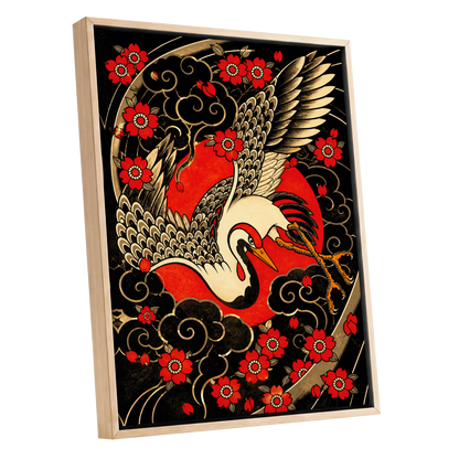 Scarlet Crane Flourish, black, red, beige nature wall art shown as a oak framed canvas wall art