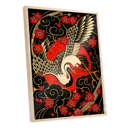 Scarlet Crane Flourish, black, red, beige nature wall art shown as a oak framed poster wall art print