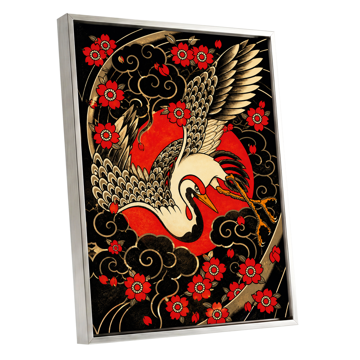 Scarlet Crane Flourish, black, red, beige nature wall art shown as a silver framed canvas wall art
