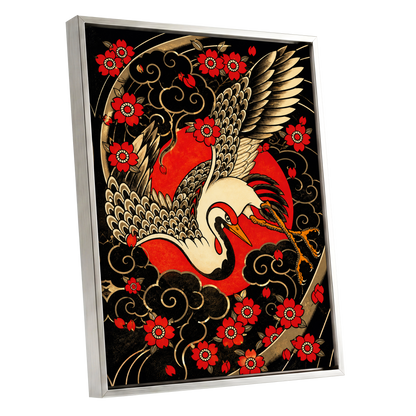Scarlet Crane Flourish, black, red, beige nature wall art shown as a silver framed canvas wall art
