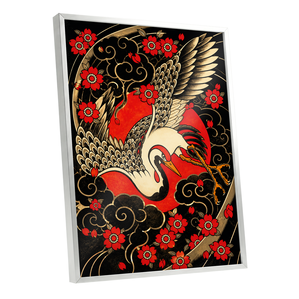 Scarlet Crane Flourish, black, red, beige nature wall art shown as a silver framed poster wall art print