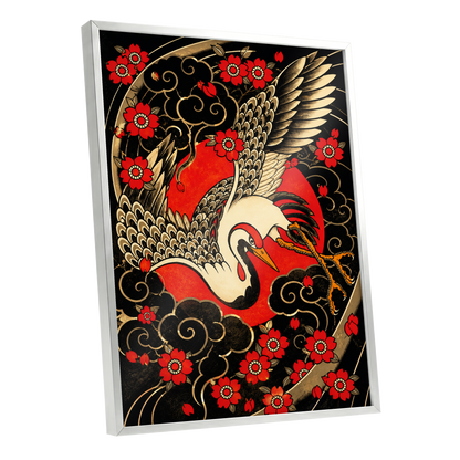 Scarlet Crane Flourish, black, red, beige nature wall art shown as a silver framed poster wall art print