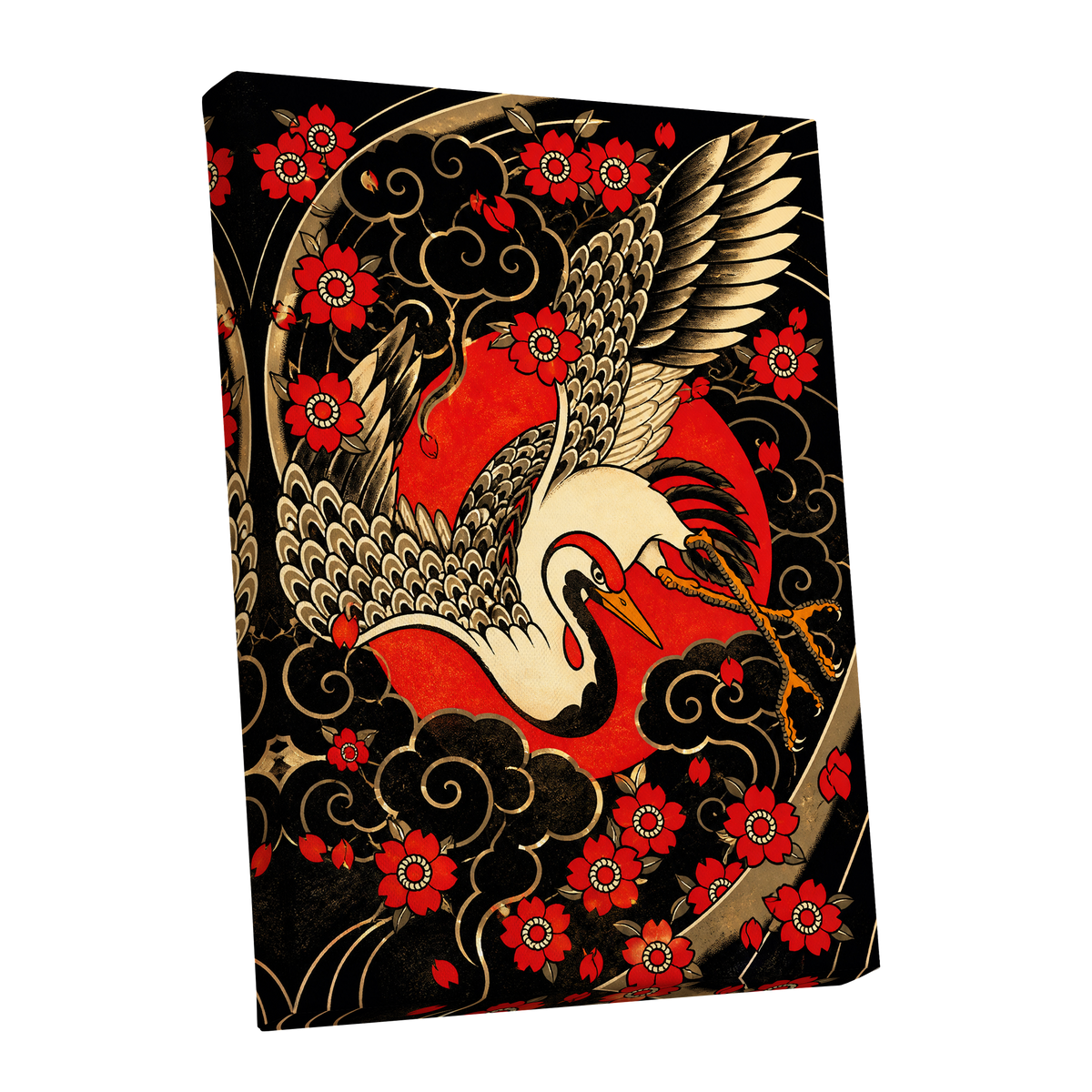Scarlet Crane Flourish, black, red, beige nature wall art shown as a stretched canvas wall art
