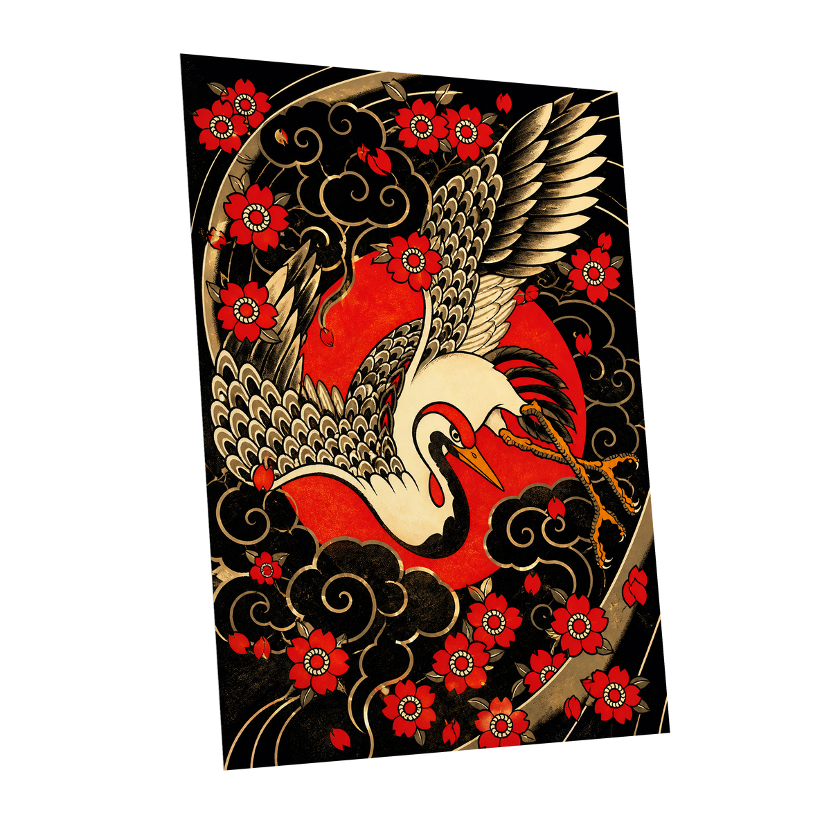 Scarlet Crane Flourish, black, red, beige nature wall art shown as a unframed poster wall art print
