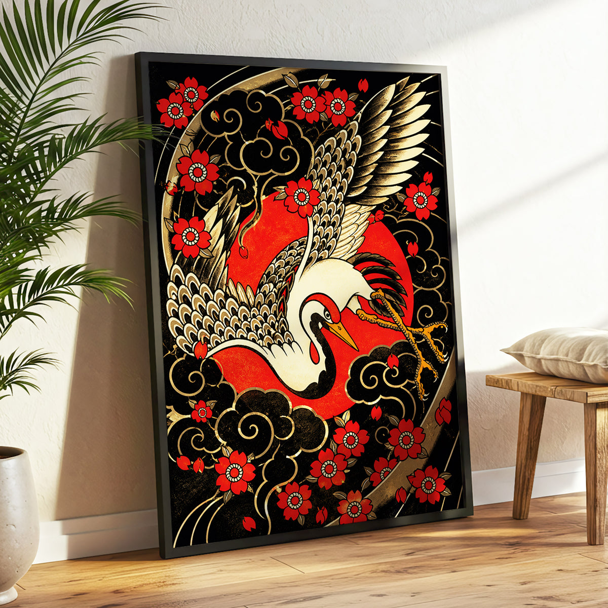 Scarlet Crane Flourish, black, red, beige nature wall art displayed in a styled interior, gallery view 2