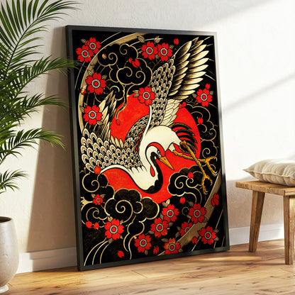Scarlet Crane Flourish, black, red, beige nature wall art displayed in a styled interior, gallery view 2