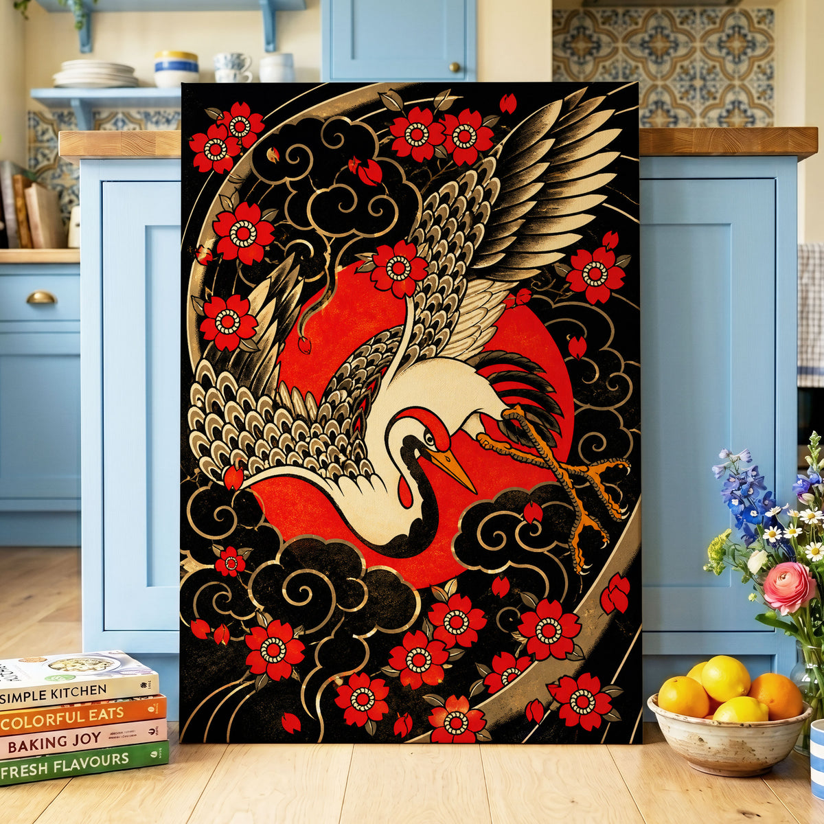 Scarlet Crane Flourish, black, red, beige nature wall art displayed in a styled interior, gallery view 3