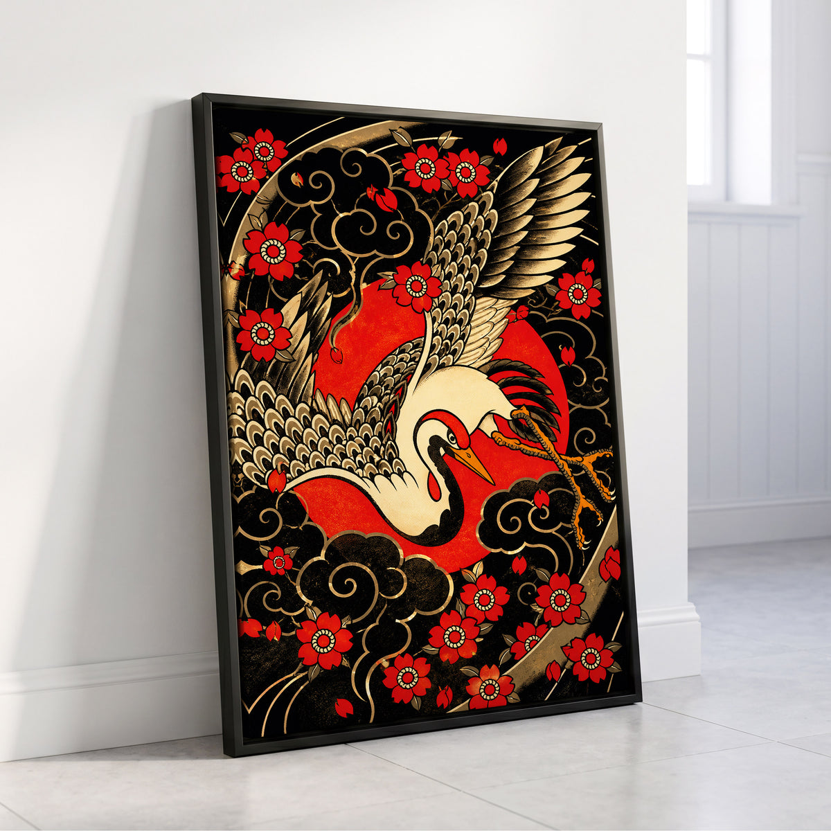 Scarlet Crane Flourish, black, red, beige nature wall art displayed in a styled interior, gallery view 4