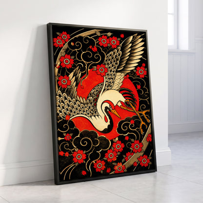 Scarlet Crane Flourish, black, red, beige nature wall art displayed in a styled interior, gallery view 4