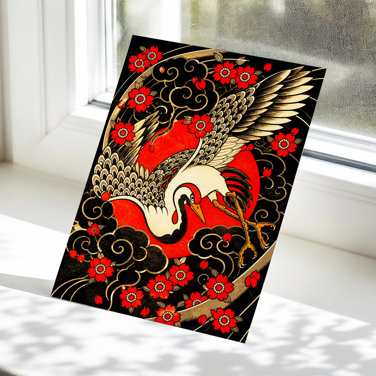 Scarlet Crane Flourish, black, red, beige nature wall art displayed in a styled interior, gallery view 5