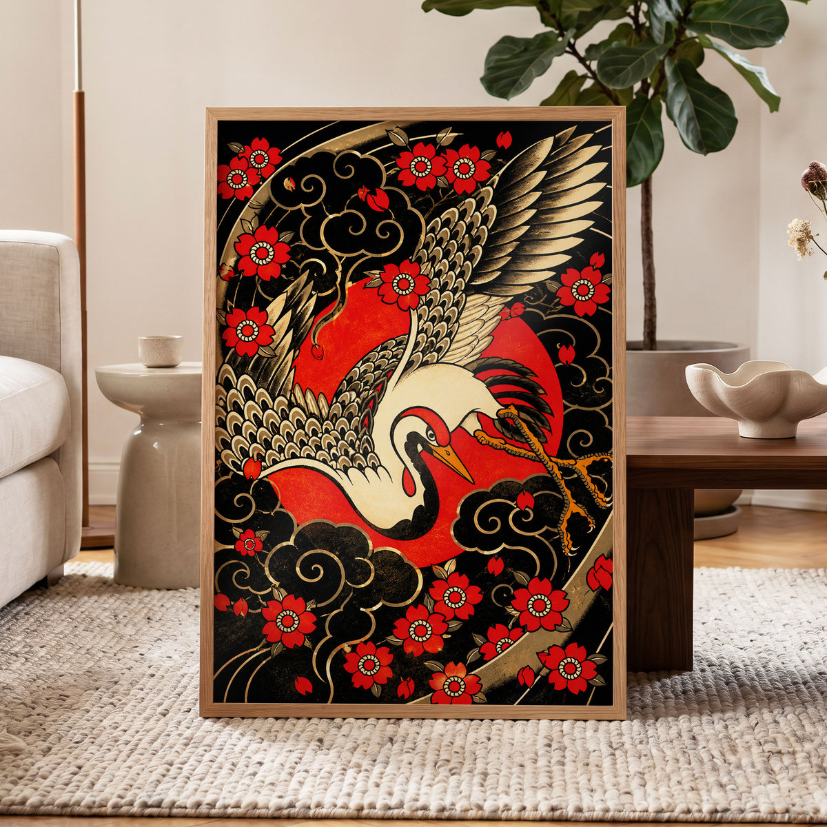 Scarlet Crane Flourish, black, red, beige nature wall art displayed in a styled interior, gallery view 6