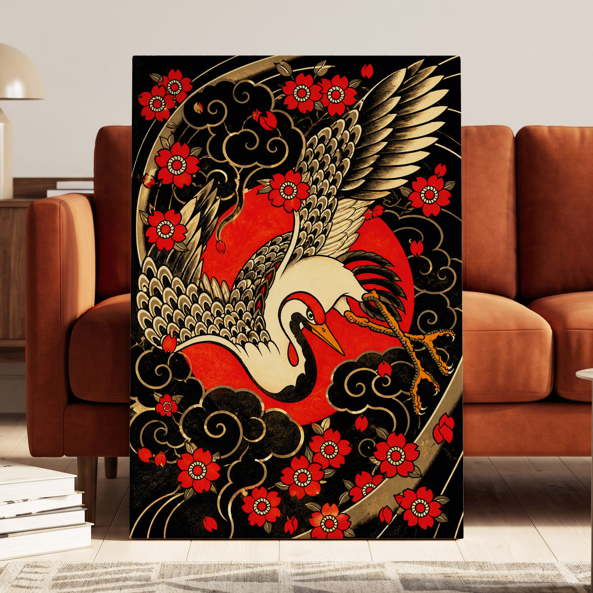 Scarlet Crane Flourish, black, red, beige nature wall art displayed in a styled interior, gallery view 7