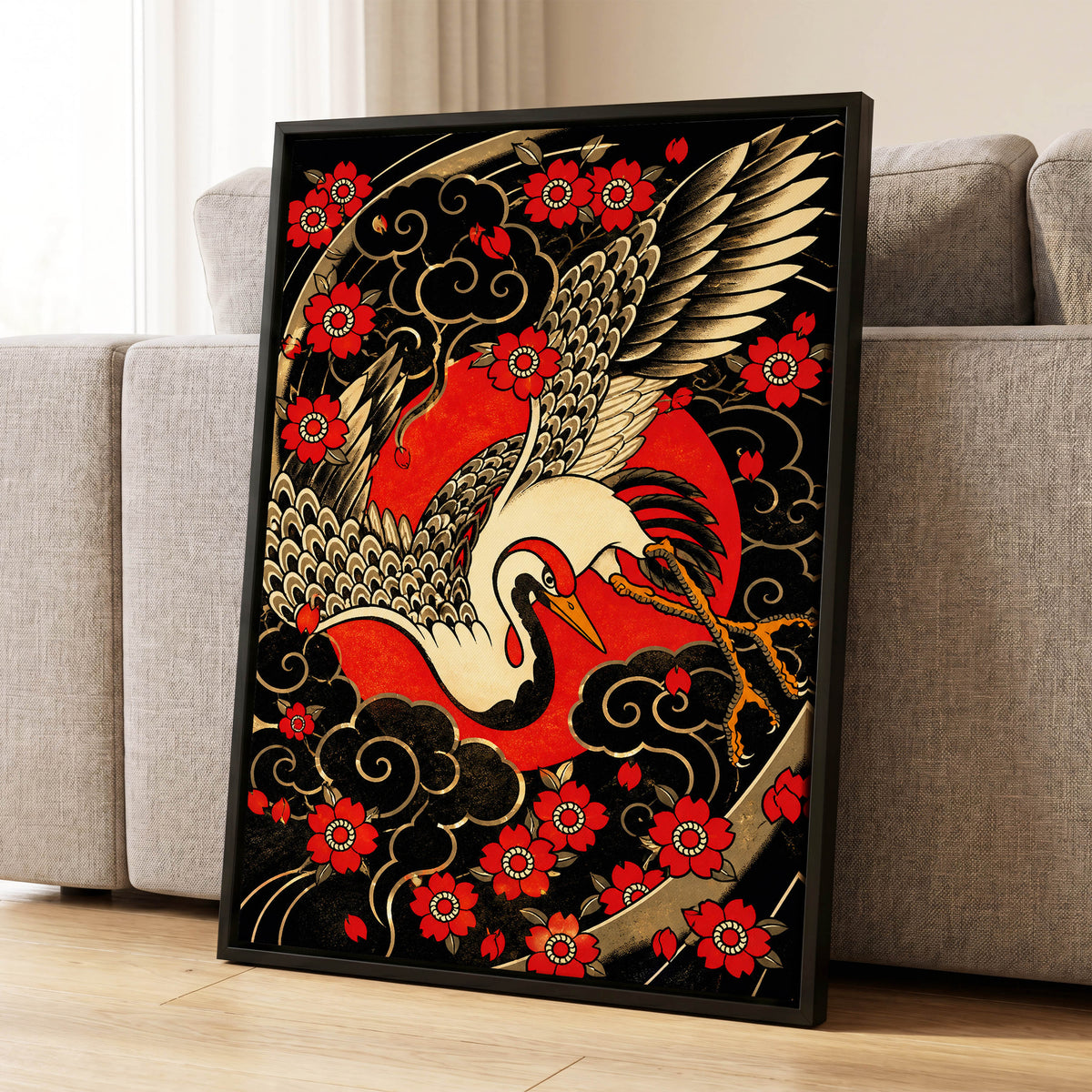 Scarlet Crane Flourish, black, red, beige nature wall art displayed in a styled interior, gallery view 8