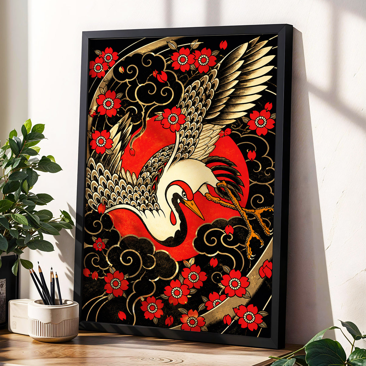 Scarlet Crane Flourish, black, red, beige nature wall art displayed in a styled interior, gallery view 9