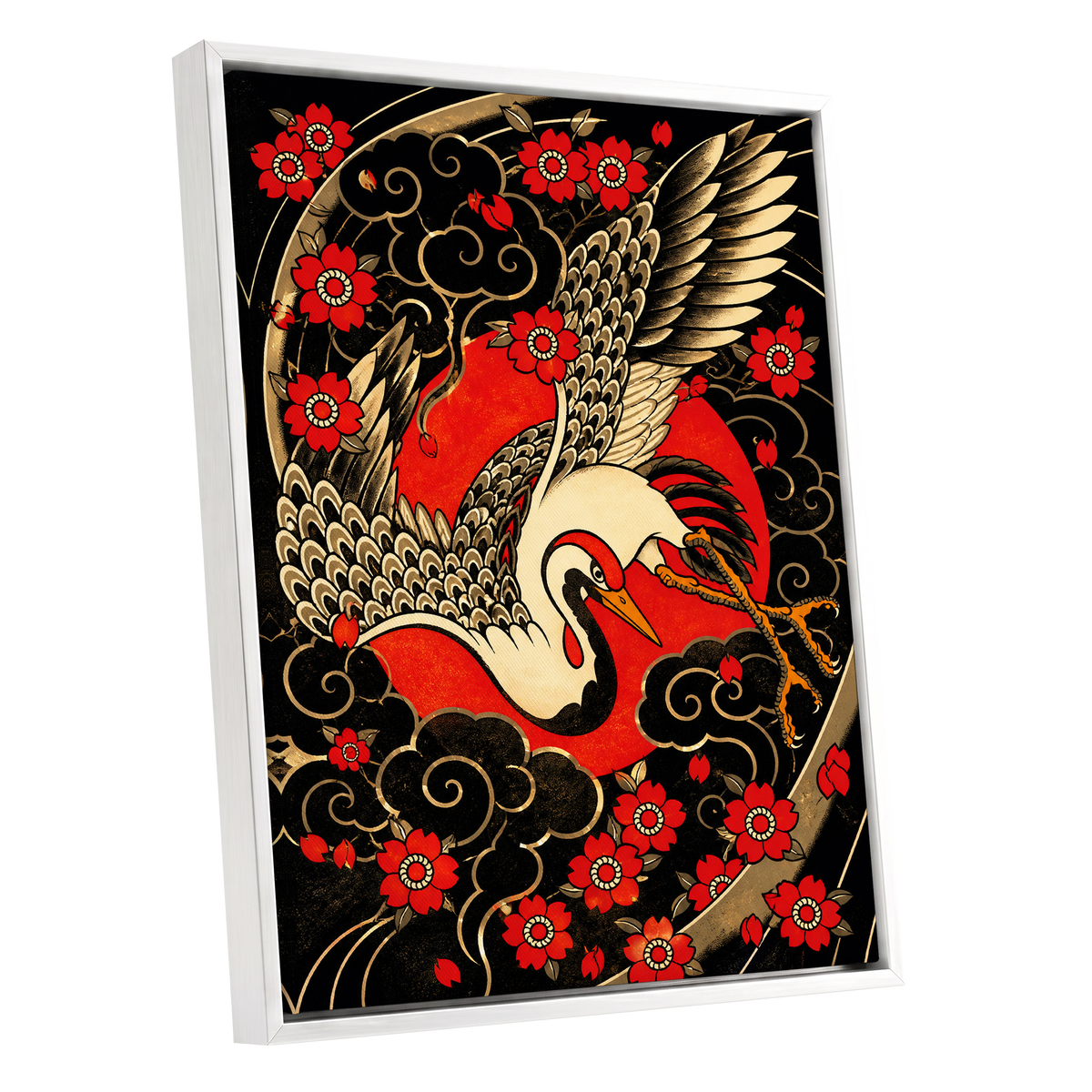 Scarlet Crane Flourish, black, red, beige nature wall art shown as a white framed canvas wall art