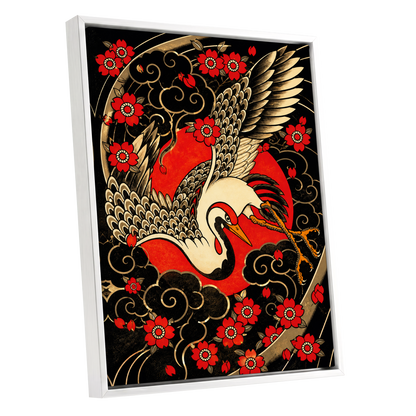 Scarlet Crane Flourish, black, red, beige nature wall art shown as a white framed canvas wall art