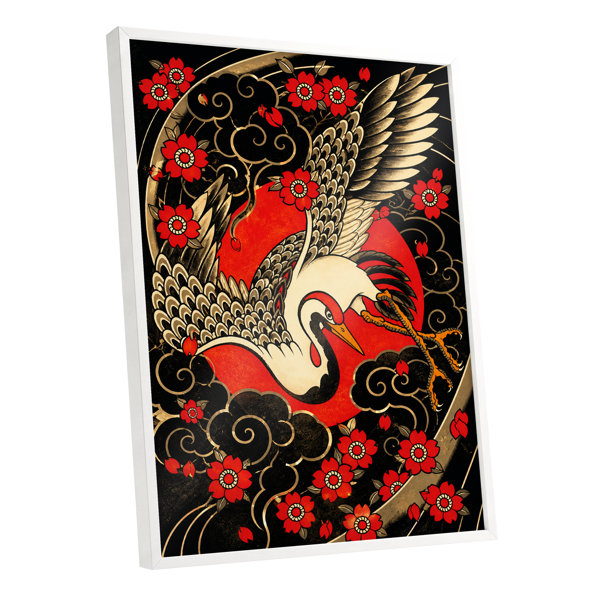 Scarlet Crane Flourish, black, red, beige nature wall art shown as a white framed poster wall art print