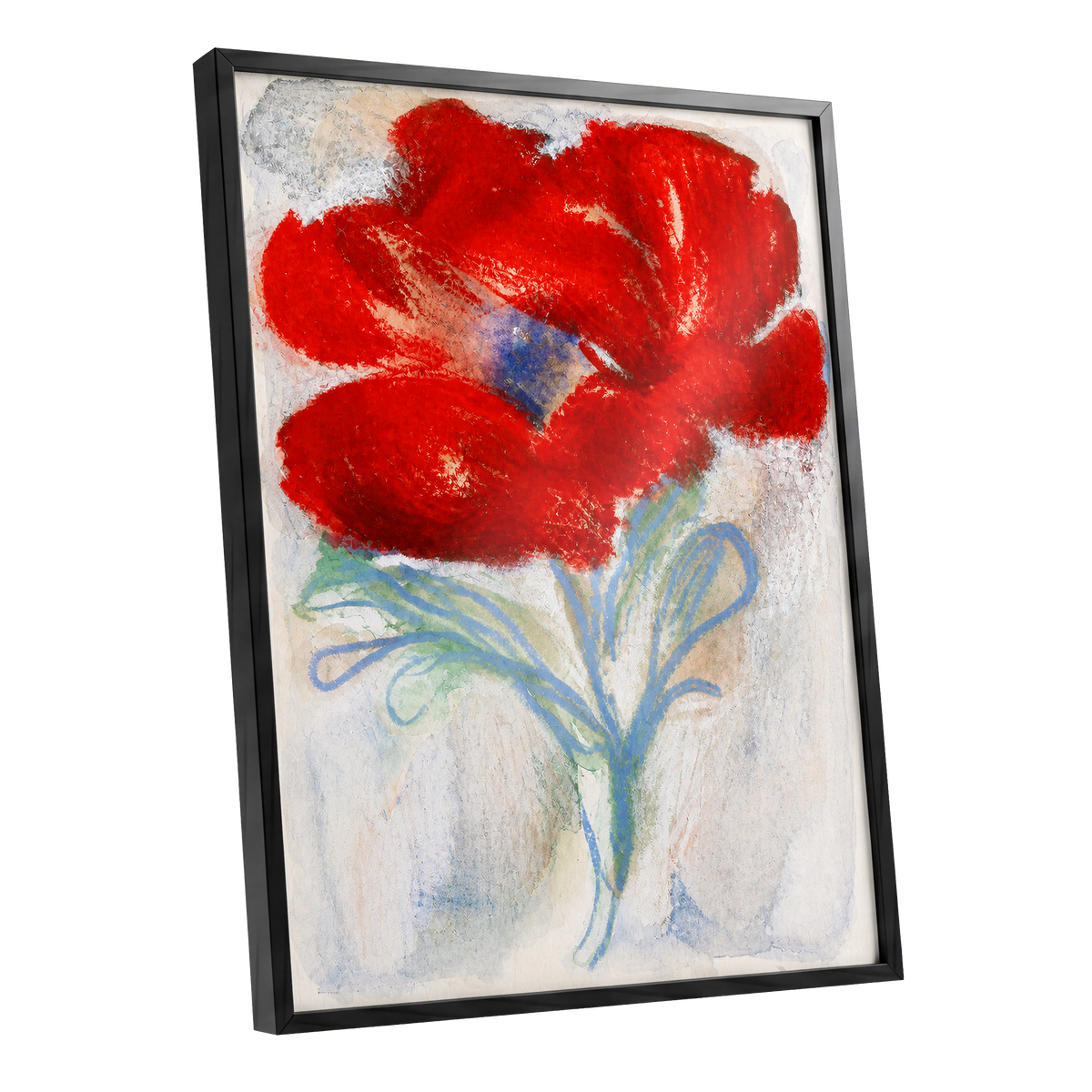 Scarlet Flourish, red, blue, green floral wall art shown as a black framed poster wall art print