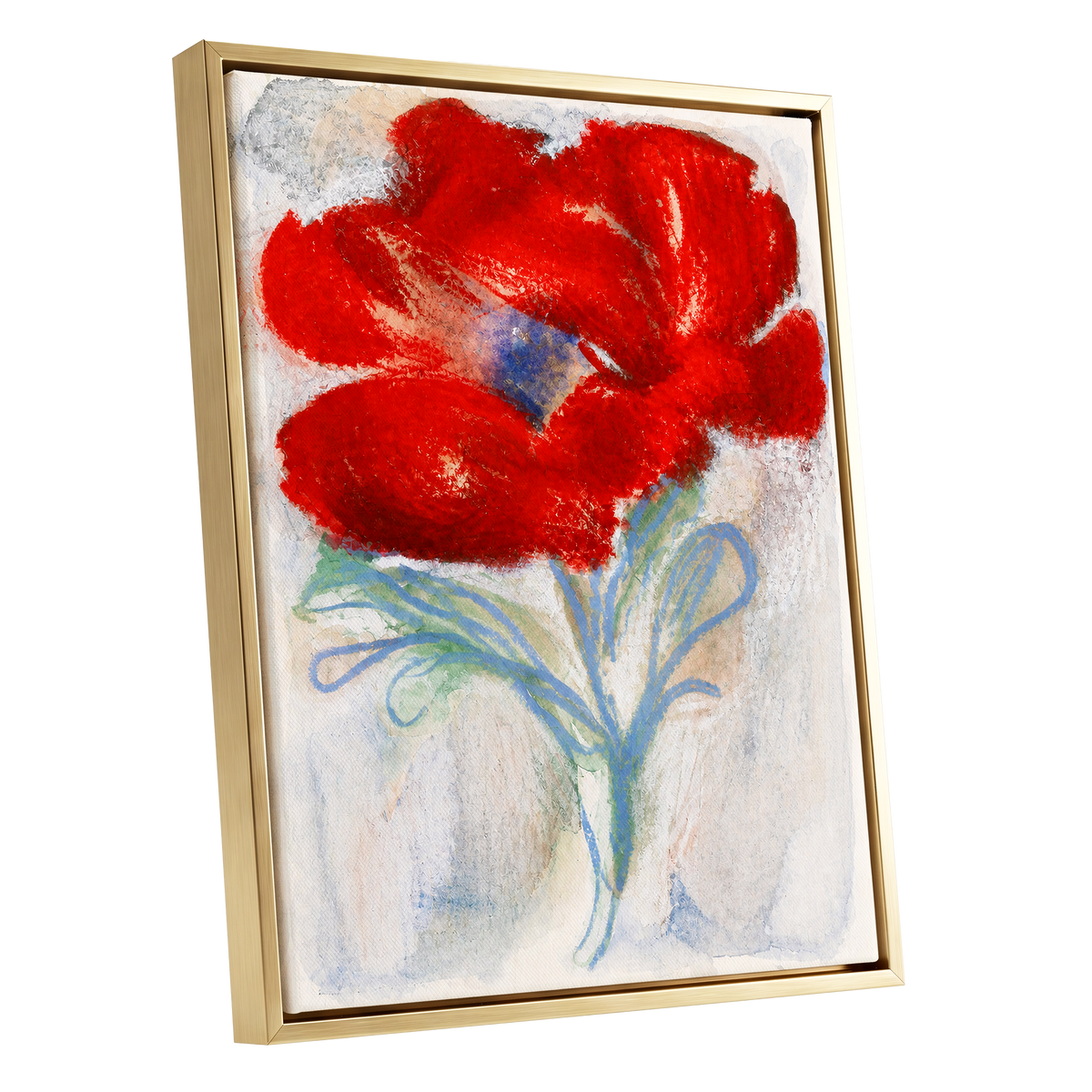 Scarlet Flourish, red, blue, green floral wall art shown as a gold framed canvas wall art