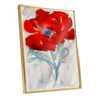 Scarlet Flourish, red, blue, green floral wall art shown as a gold framed poster wall art print