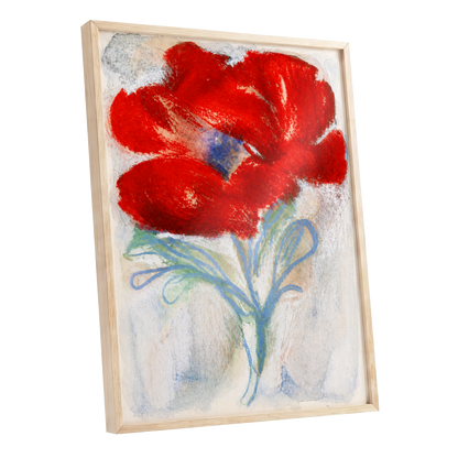 Scarlet Flourish, red, blue, green floral wall art shown as a oak framed poster wall art print