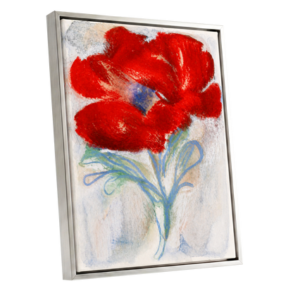 Scarlet Flourish, red, blue, green floral wall art shown as a silver framed canvas wall art