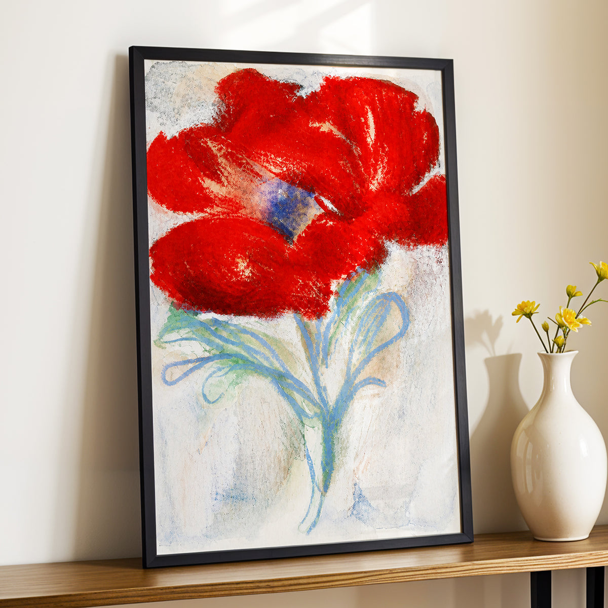 Scarlet Flourish, red, blue, green floral wall art displayed in a styled interior, gallery view 2