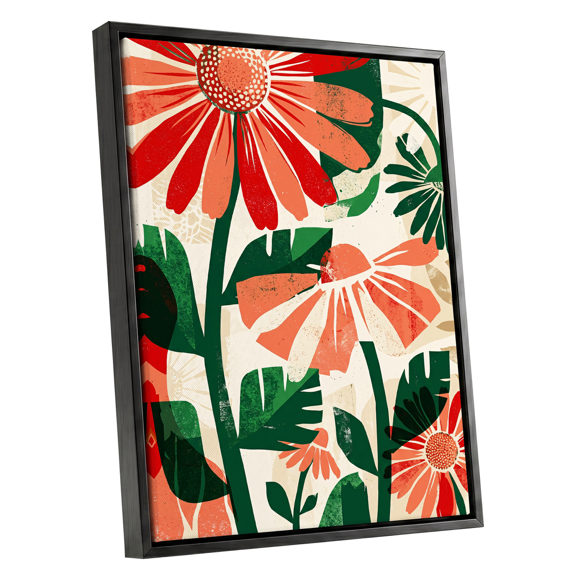 Scarlet Garden Rhythm, red, green, beige floral wall art shown as a black framed canvas wall art