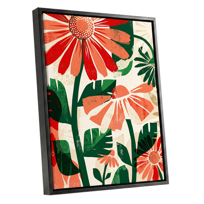 Scarlet Garden Rhythm, red, green, beige floral wall art shown as a black framed canvas wall art