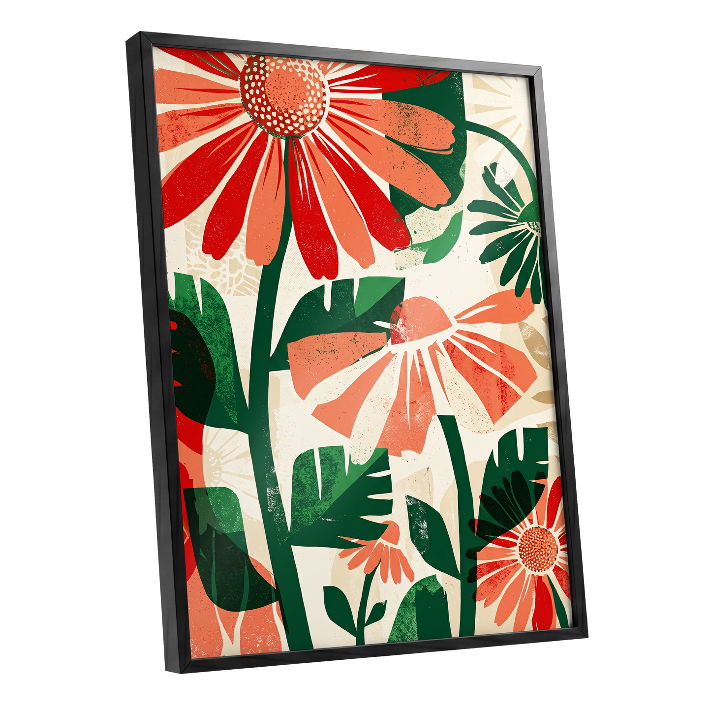 Scarlet Garden Rhythm, red, green, beige floral wall art shown as a black framed poster wall art print