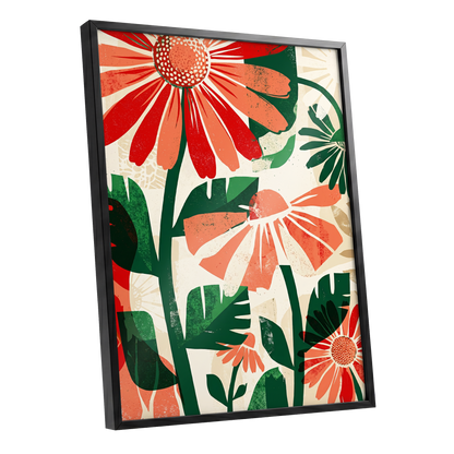 Scarlet Garden Rhythm, red, green, beige floral wall art shown as a black framed poster wall art print