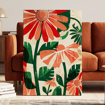 Scarlet Garden Rhythm, red, green, beige floral wall art on canvas displayed in a styled interior, gallery view 1