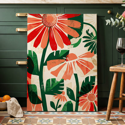 Scarlet Garden Rhythm, red, green, beige floral wall art on canvas displayed in a styled interior, gallery view 2