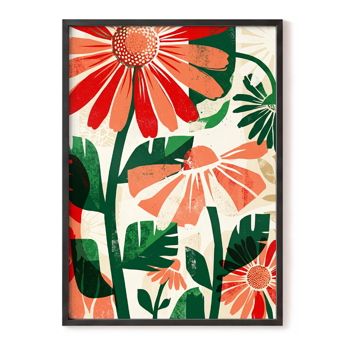 Scarlet Garden Rhythm, red, green, beige floral wall art, front artwork view